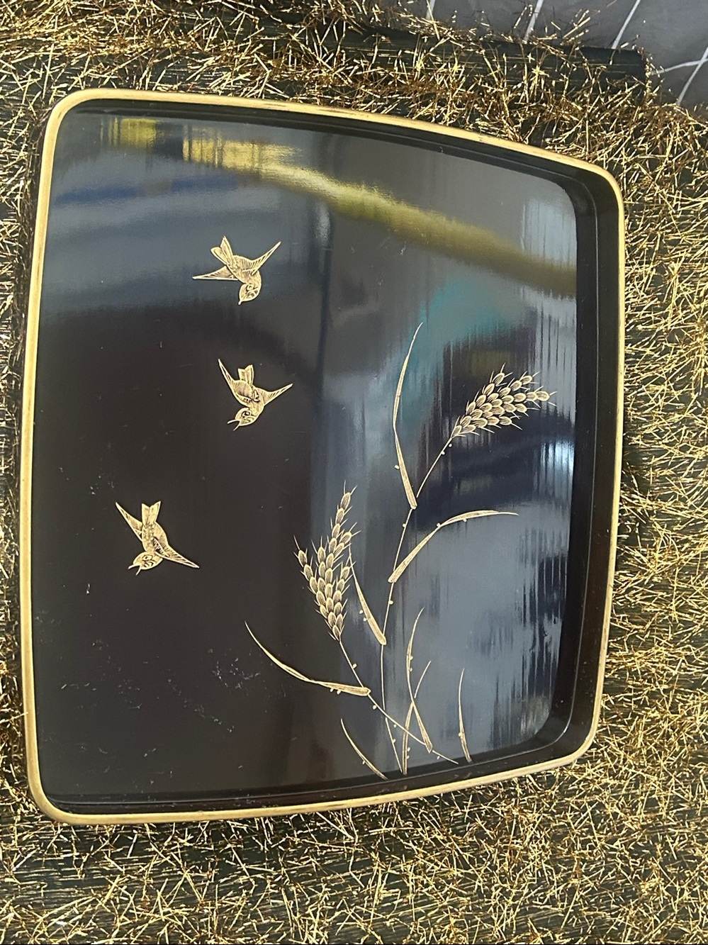 12 each Elegant Black and Gold Decorative Tray with Bird & Wheat Motif
